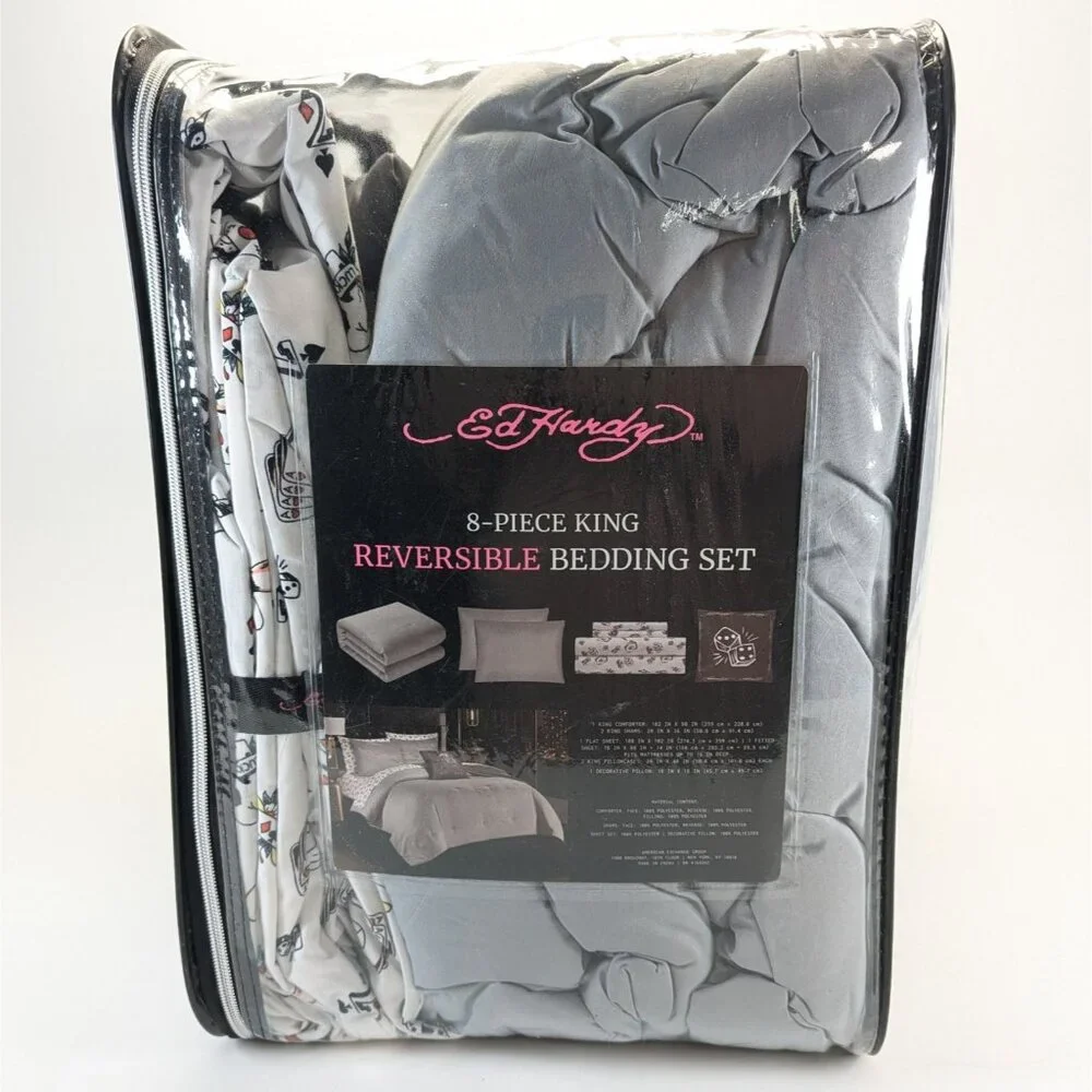 Ed Hardy King Cards Dice Skull Gray White Comforter Set Shams, Pillow, Sheets
